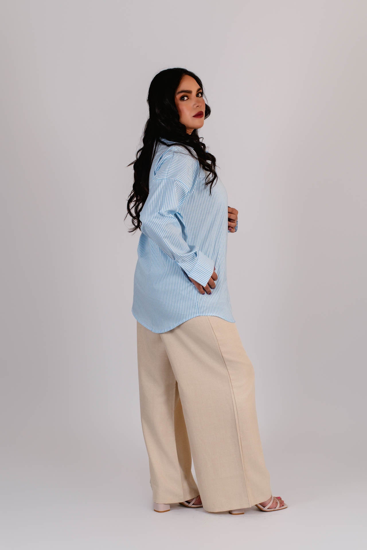 Camisa Oversized Popelina Celeste Rayas
