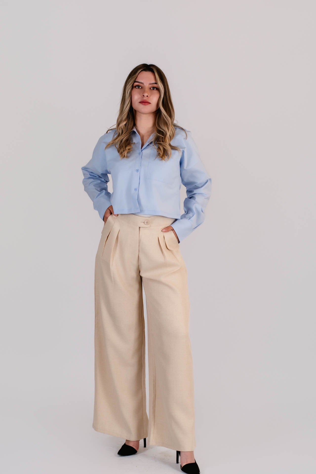 Camisa Cropped Popelina Celeste